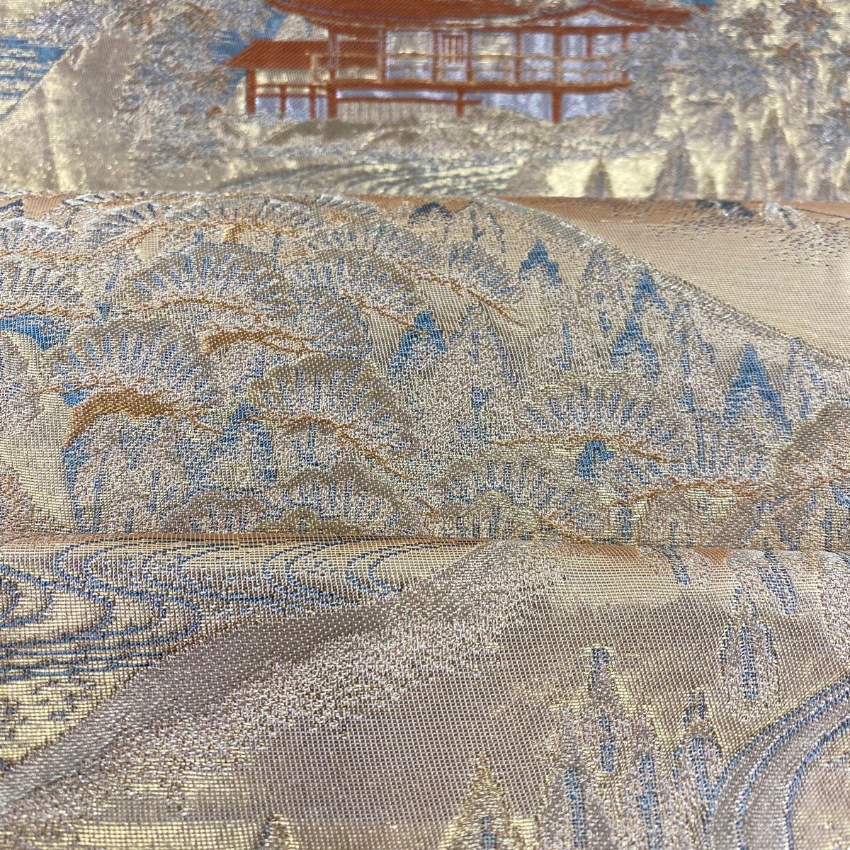  袋帯 秀品 建物 山 金糸 箔 金色 六通 正絹 袋帯 帯