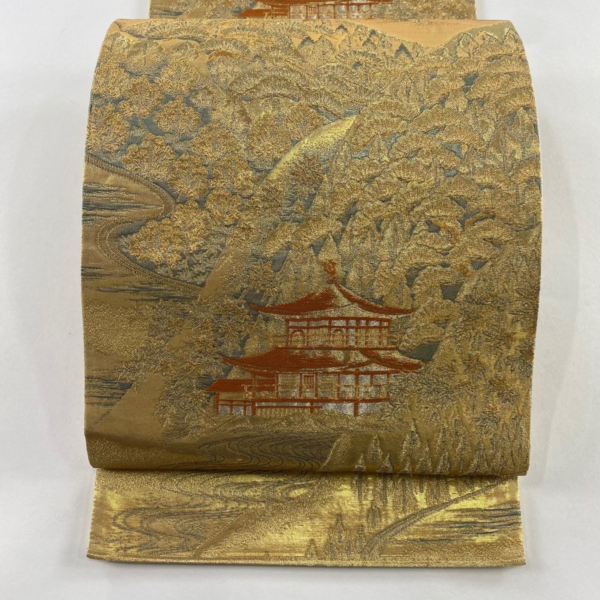 袋帯 秀品 建物 山 金糸 箔 金色 六通 正絹