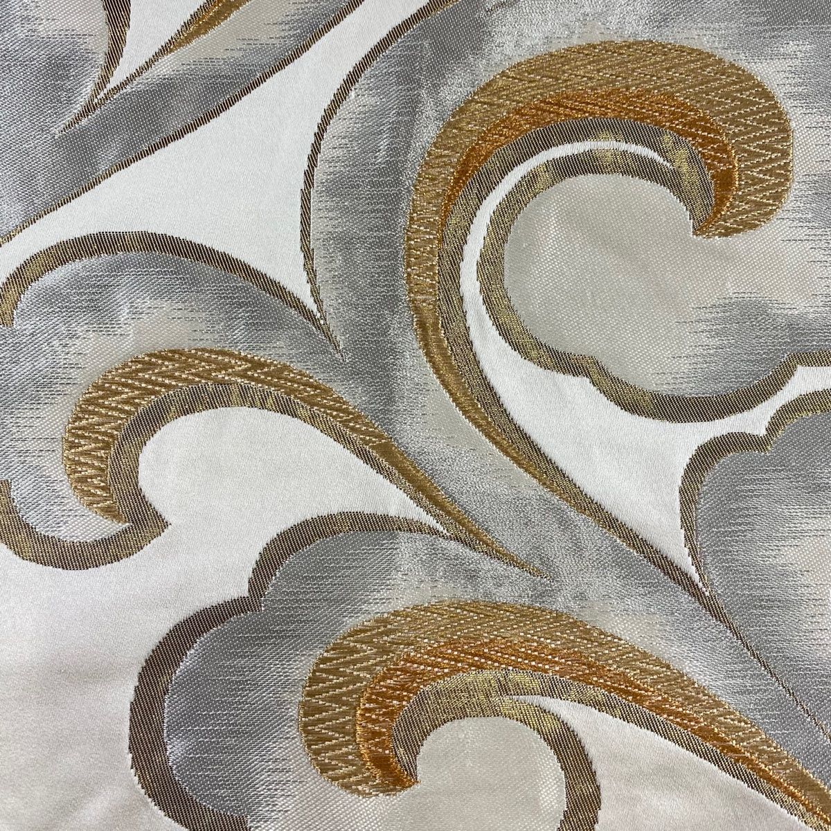  袋帯 秀品 服部織物 落款 唐草 金銀糸 箔 灰白 六通 正絹 袋帯 帯