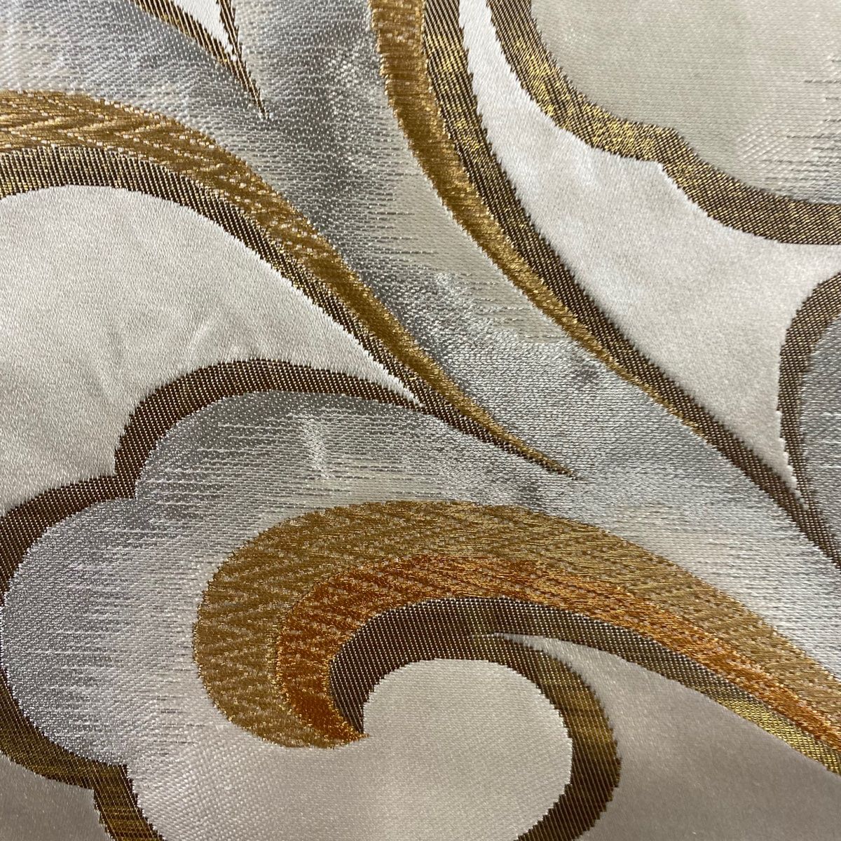 袋帯 秀品 服部織物 落款 唐草 金銀糸 箔 灰白 六通 正絹