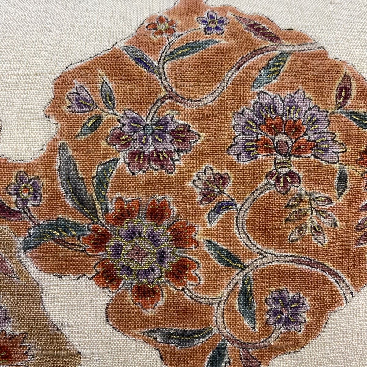 名古屋帯 秀品 落款 紬地 草花 金彩 ベージュ 正絹