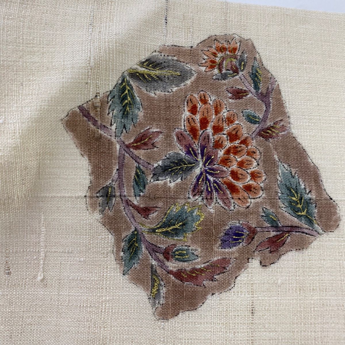  名古屋帯 秀品 落款 紬地 草花 金彩 ベージュ 正絹 名古屋帯 帯