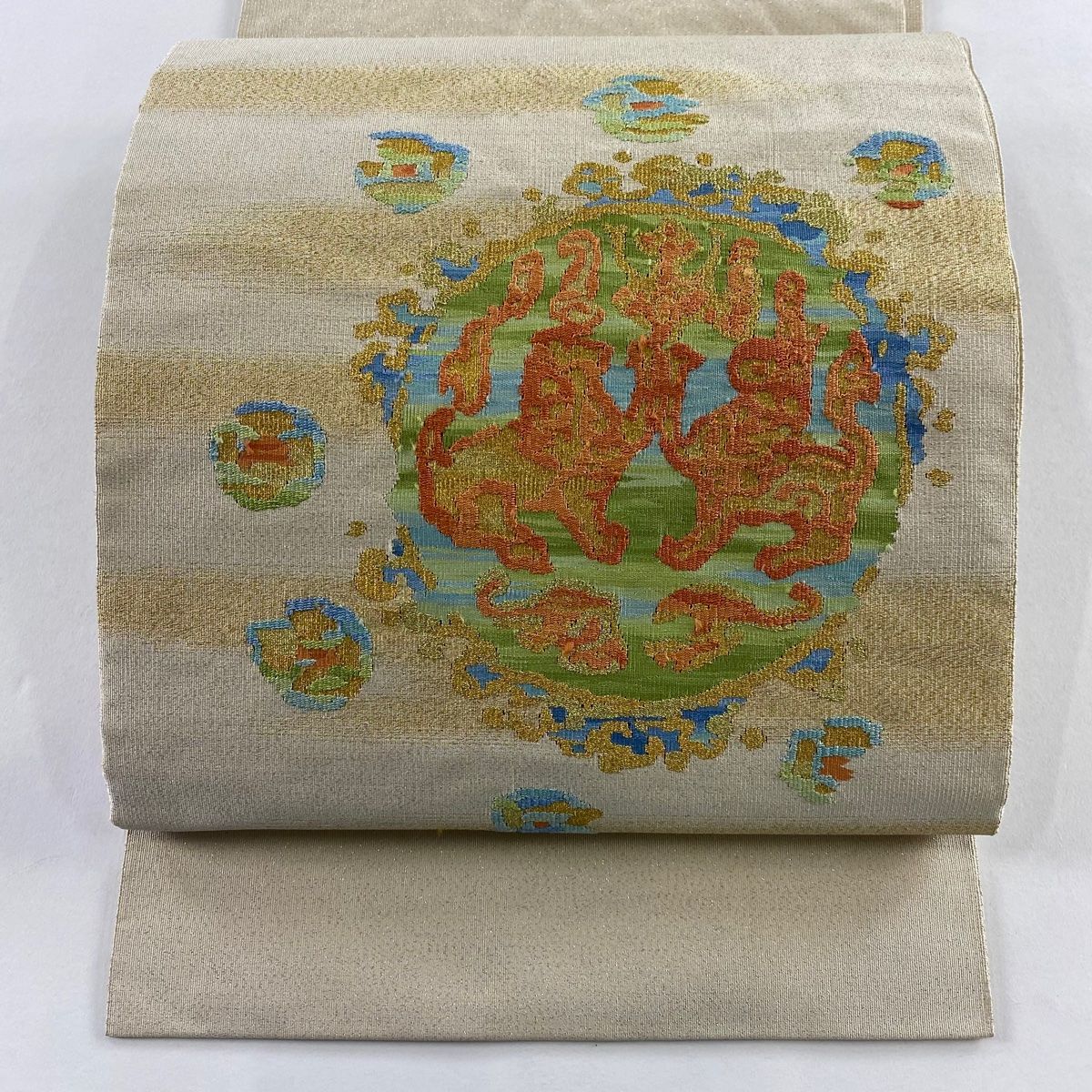 名古屋帯 秀品 川島織物 落款 動物 幾何学模様 金銀糸 クリーム 正絹