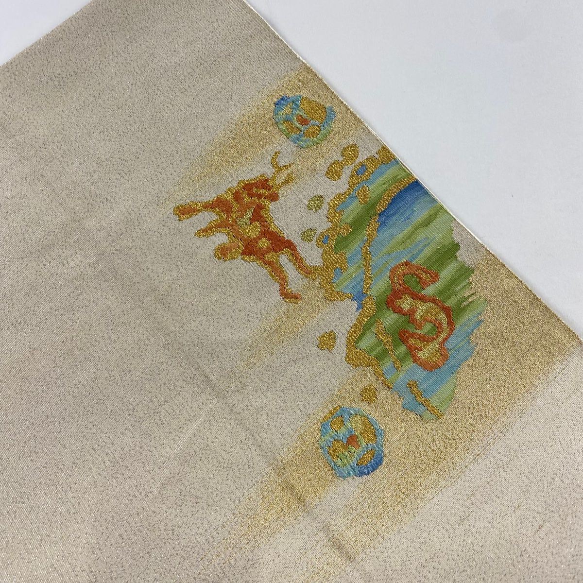  名古屋帯 秀品 川島織物 落款 動物 幾何学模様 金銀糸 クリーム 正絹 名古屋帯 帯