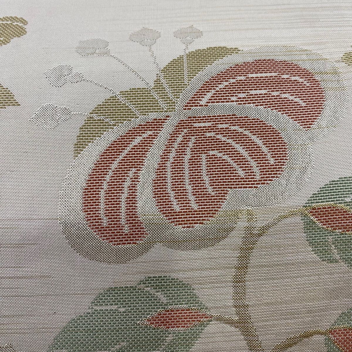 名古屋帯 秀品 川島織物 落款 草花 蝶 箔 灰茶 正絹