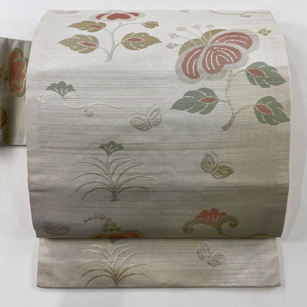 名古屋帯 秀品 川島織物 落款 草花 蝶 箔 灰茶 正絹