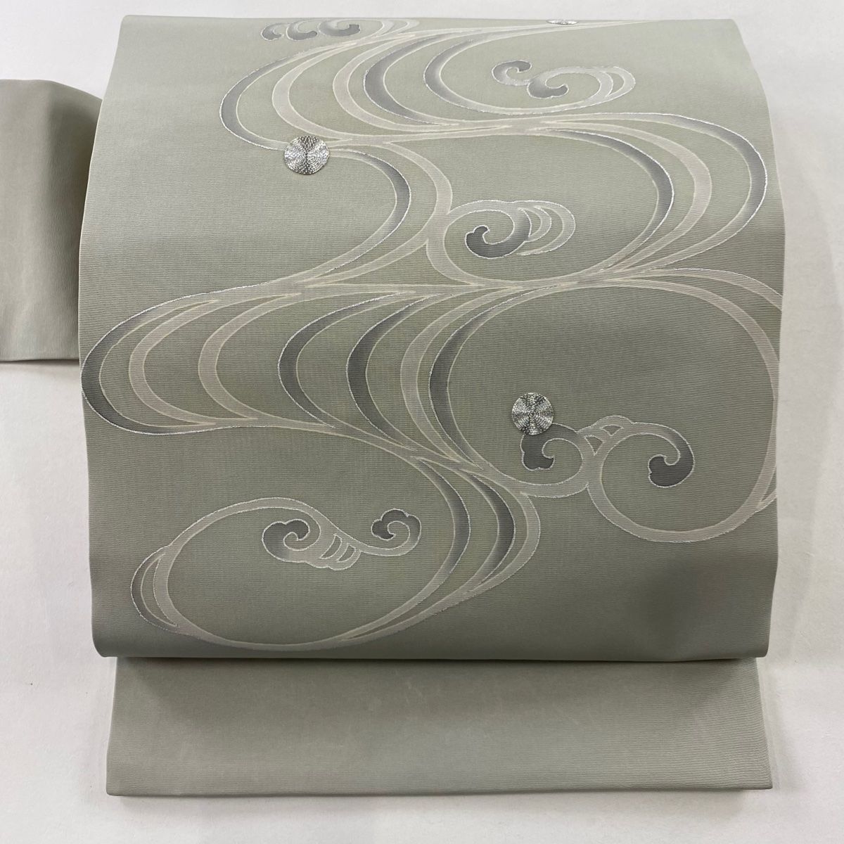 名古屋帯 秀品 流水 銀糸 銀彩 灰緑 正絹