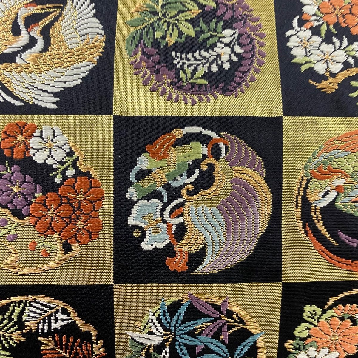 袋帯 秀品 ますいわ屋 花丸文 鳥 刺繍 金糸 黒 六通 正絹