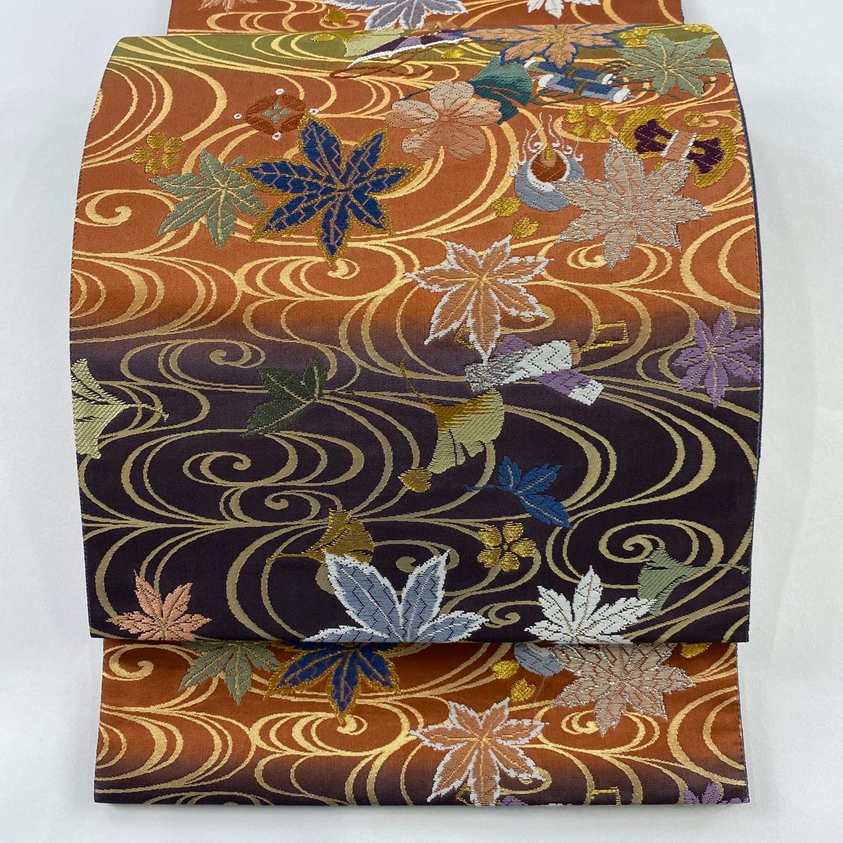 袋帯 秀品 紅葉宝尽くし紋 流水 刺繍 金銀糸 紫 六通 正絹