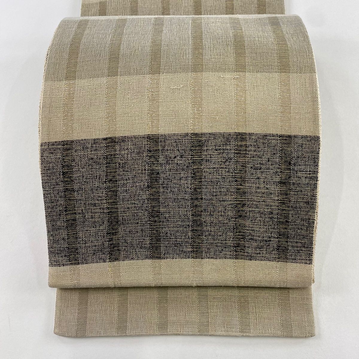 袋帯 秀品 段縞 縞 金糸 灰茶 全通 正絹