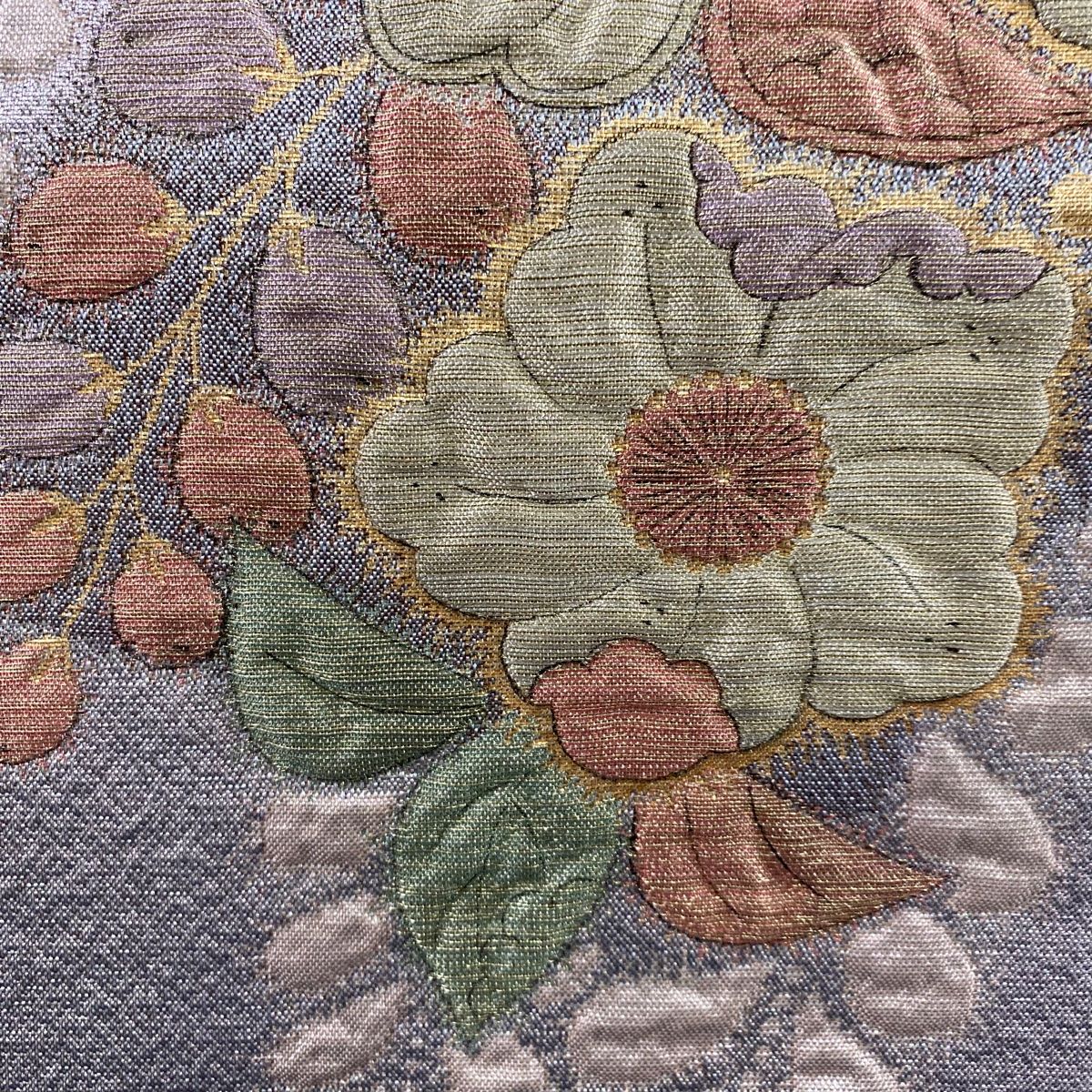  袋帯 秀品 草花 松 金糸 箔 灰紫 お太鼓柄 正絹 袋帯 帯