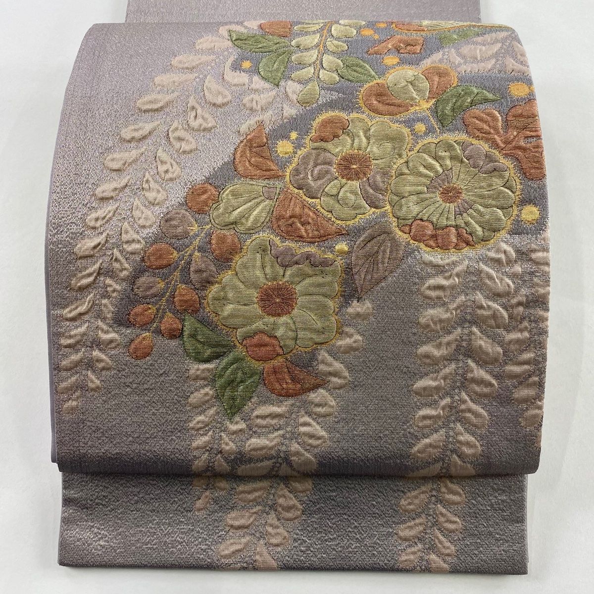 袋帯 秀品 草花 松 金糸 箔 灰紫 お太鼓柄 正絹