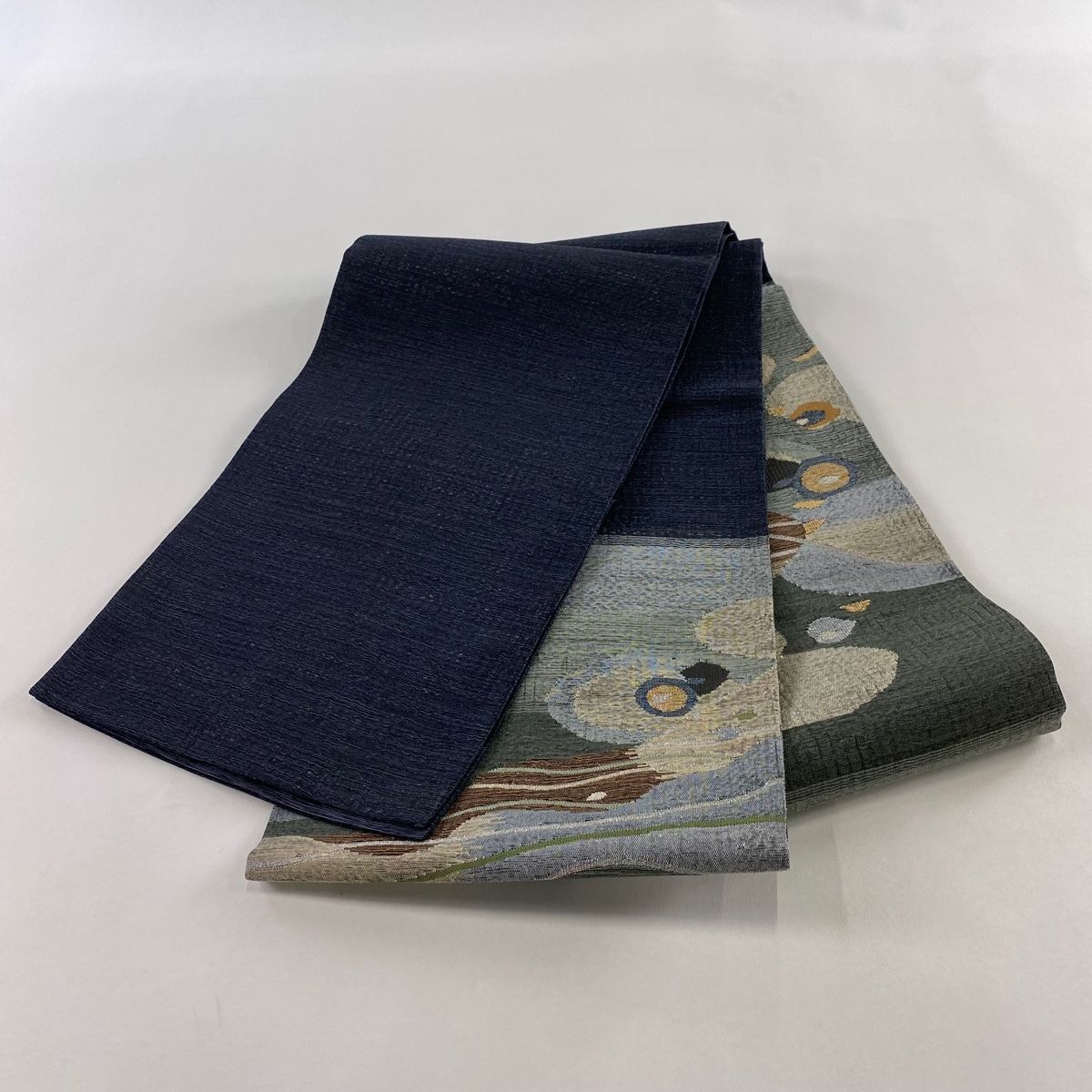  袋帯 秀品 幾何学模様 金銀糸 青灰色 お太鼓柄 正絹 袋帯 帯