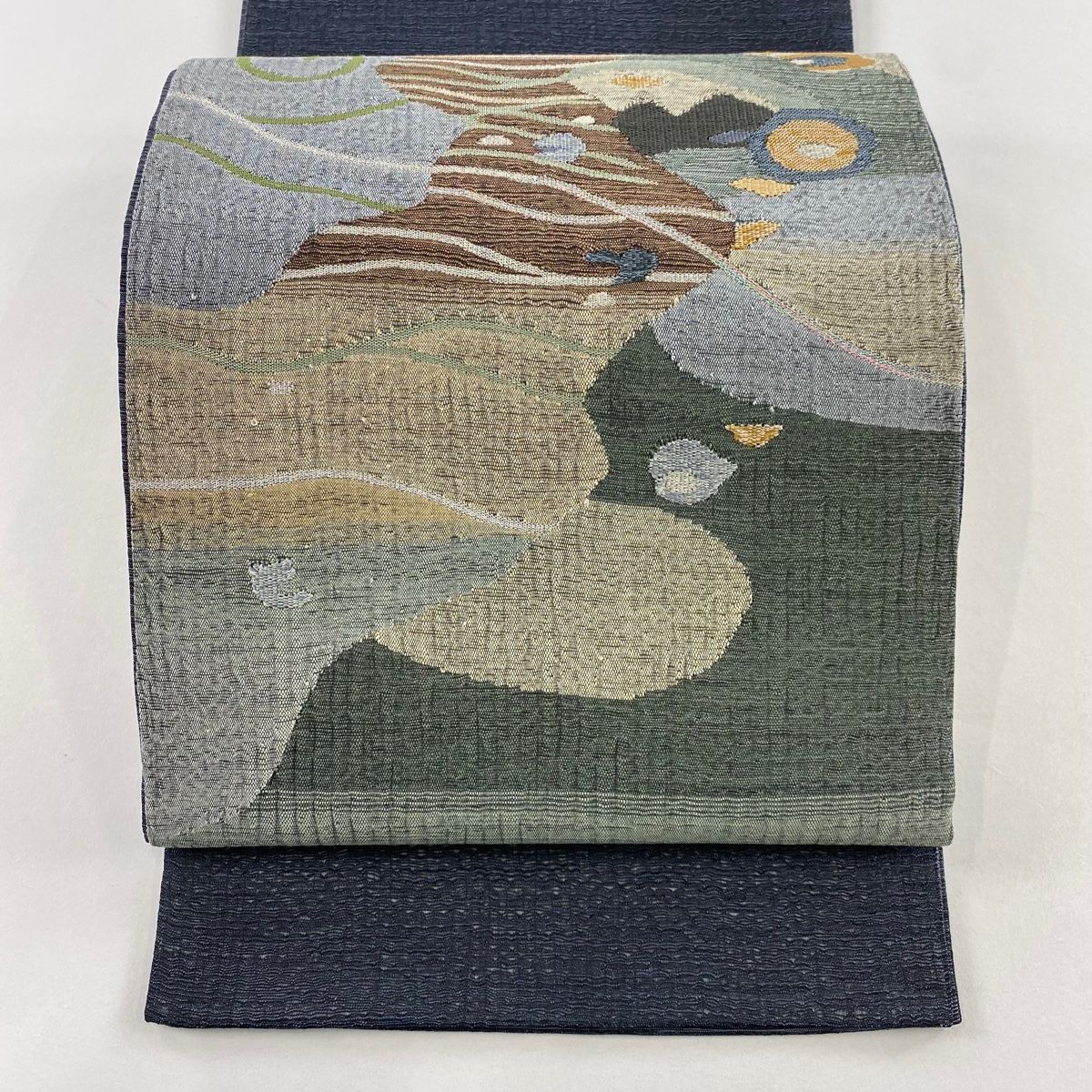 袋帯 秀品 幾何学模様 金銀糸 青灰色 お太鼓柄 正絹