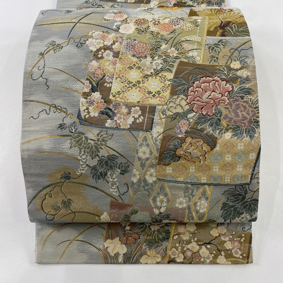 袋帯 秀品 証紙 冊子 花蝶 箔 金糸 灰色 六通 正絹