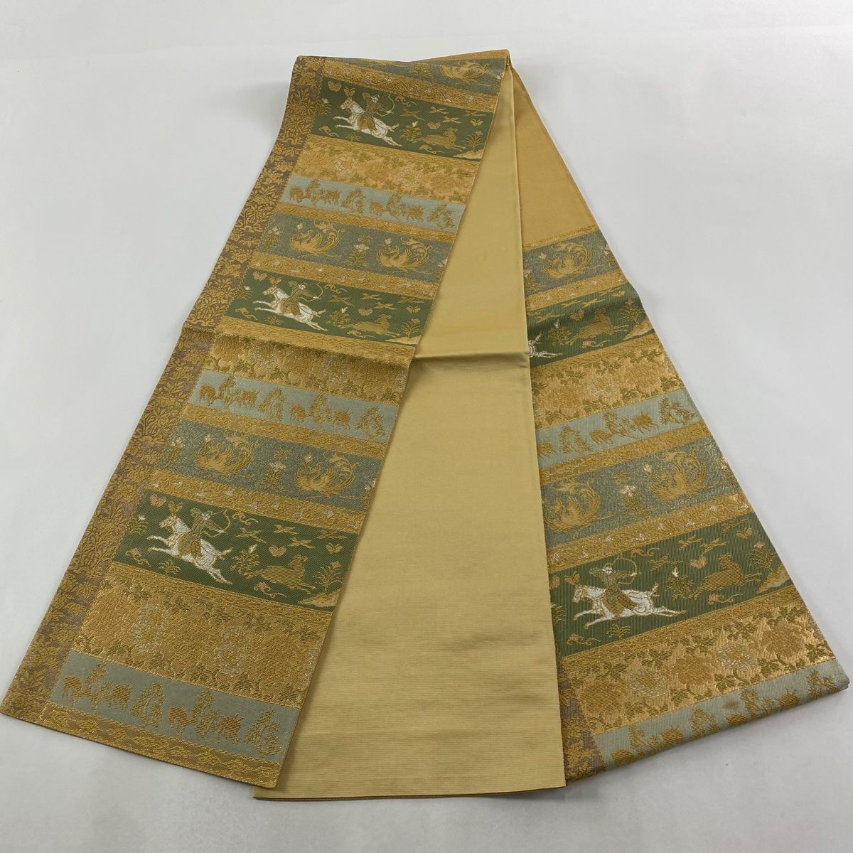  袋帯 秀品 狩猟文 鳳凰 金糸 箔 金色 六通 正絹 袋帯 帯
