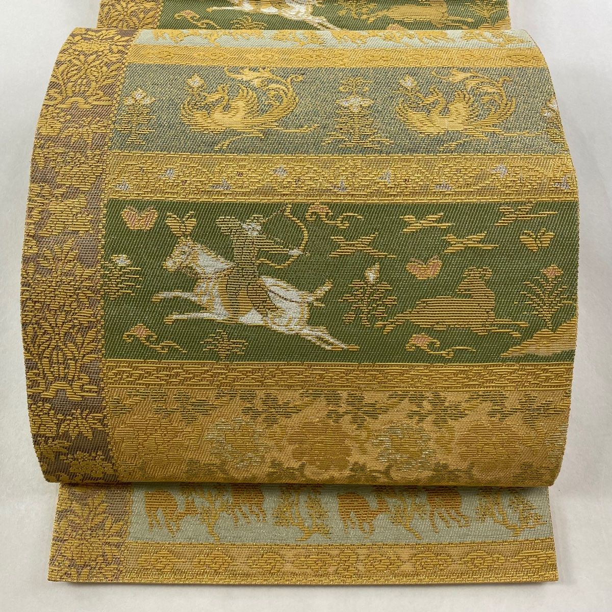 袋帯 秀品 狩猟文 鳳凰 金糸 箔 金色 六通 正絹
