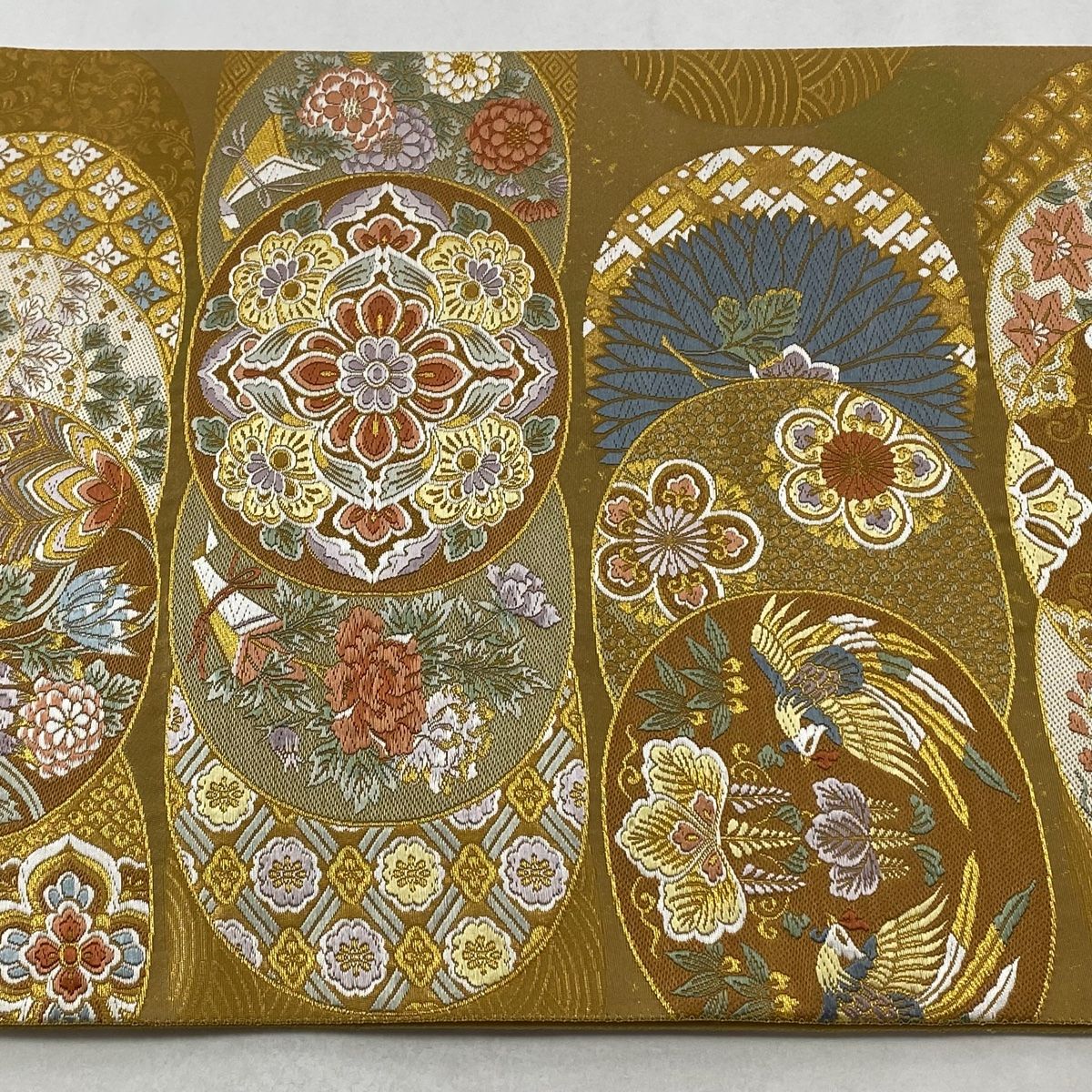  袋帯 秀品 華文 向かい鳥 金糸 唐織 金色 六通 正絹 袋帯 帯