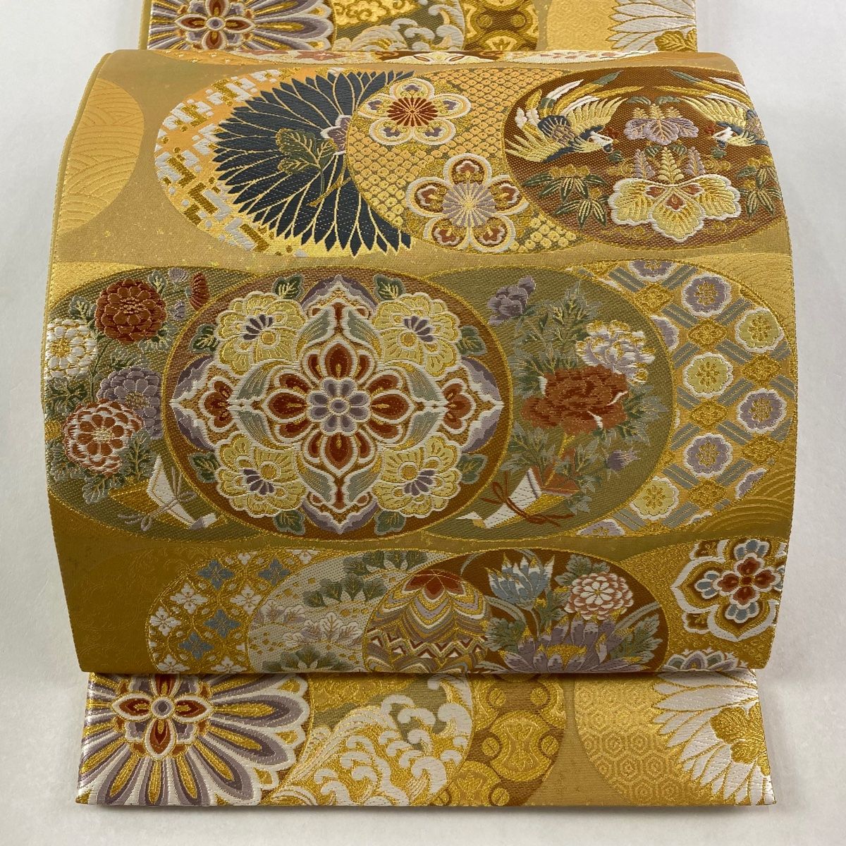 袋帯 秀品 華文 向かい鳥 金糸 唐織 金色 六通 正絹