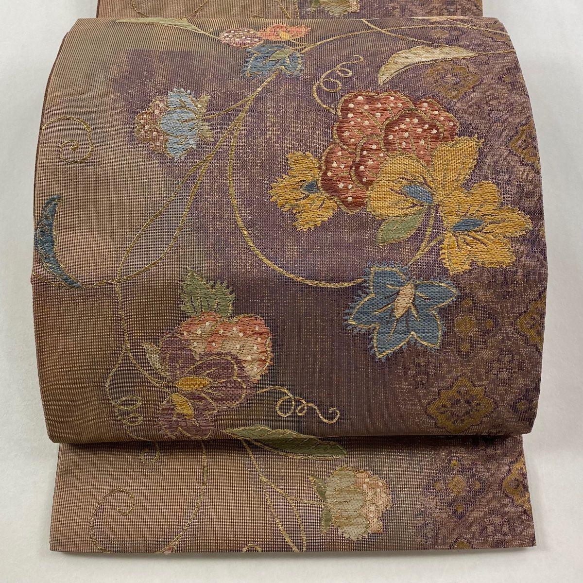 袋帯 秀品 更紗 金糸 箔 小豆色 六通 正絹