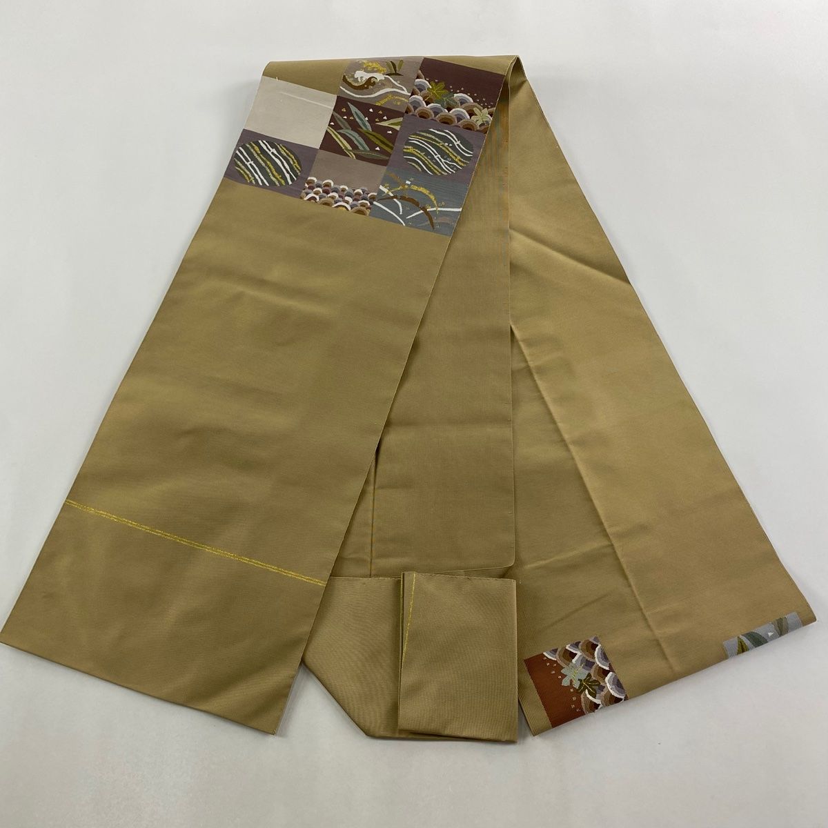  名古屋帯 秀品 市松 波 金糸 綴れ 黄土色 正絹 名古屋帯 帯