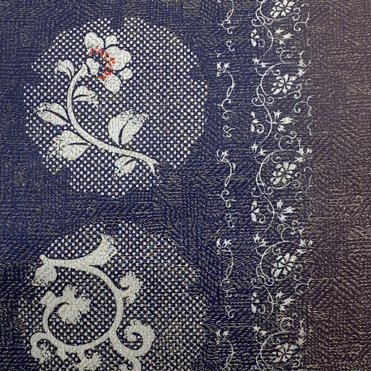 袋帯 秀品 落款 花唐草 雪輪 銀糸 紺色 お太鼓柄 正絹