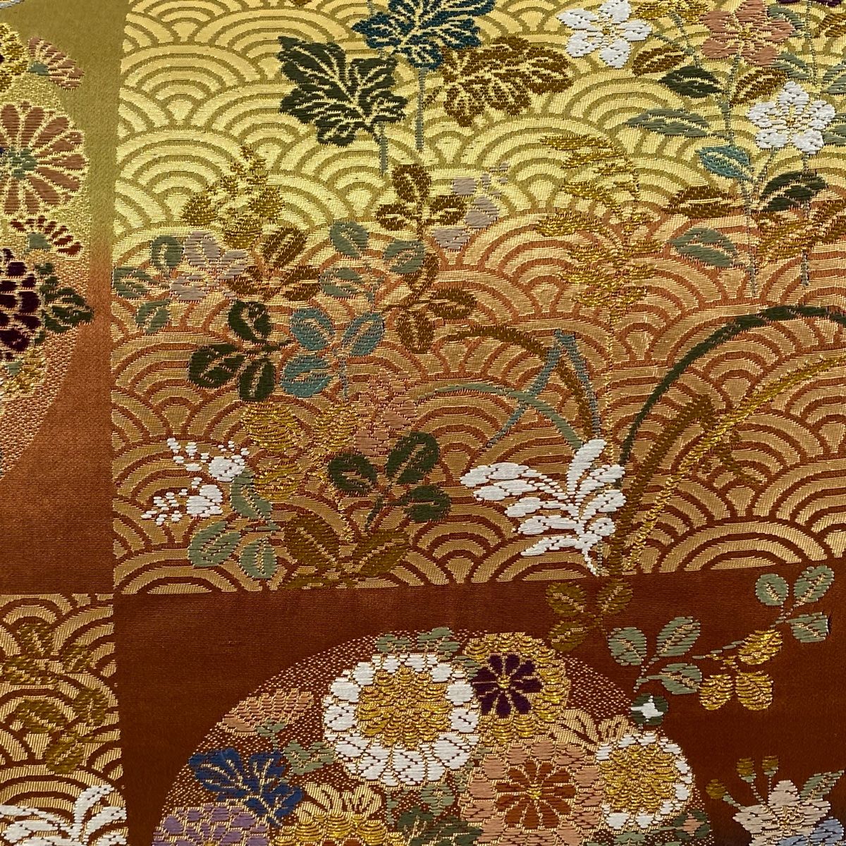 袋帯 秀品 草花 青海波 金糸 箔 灰紫 六通 正絹