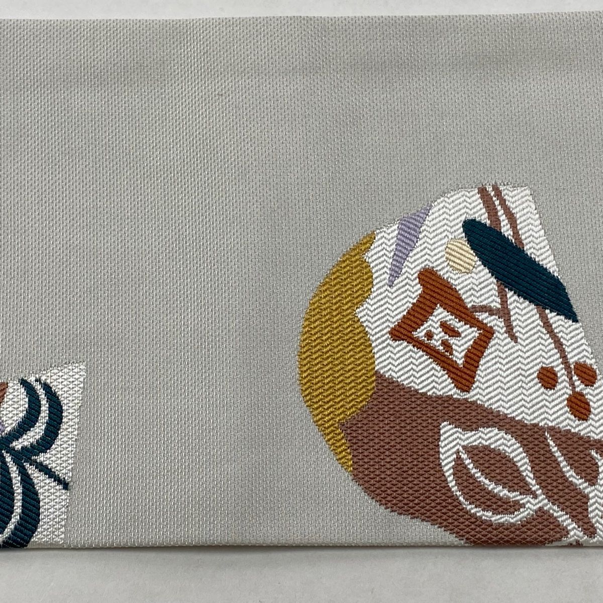  名古屋帯 秀品 幾何学 草花 灰白 正絹 名古屋帯 帯