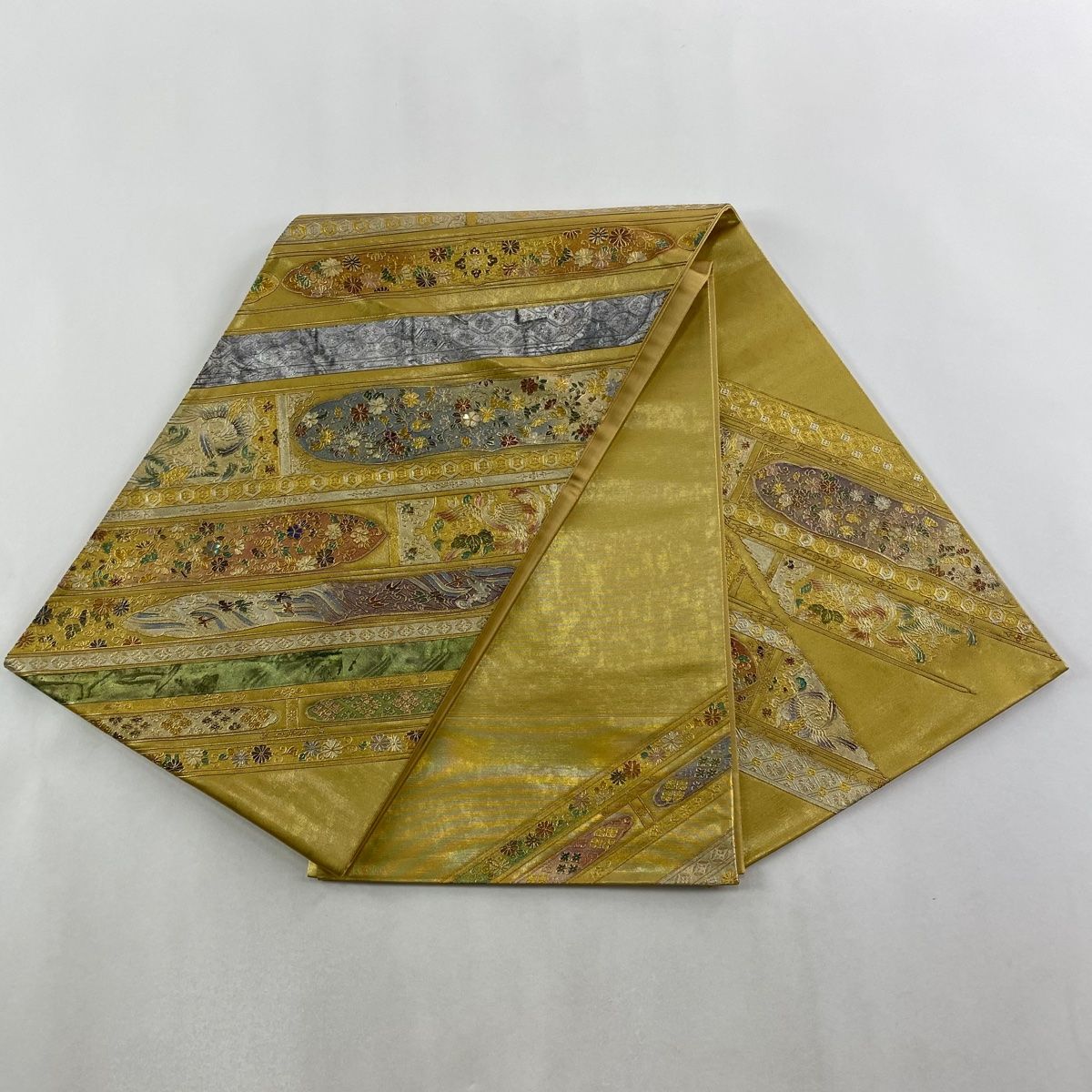  袋帯 秀品 草花 鳳凰 螺鈿 金銀彩 金色 お太鼓柄 正絹 袋帯 帯