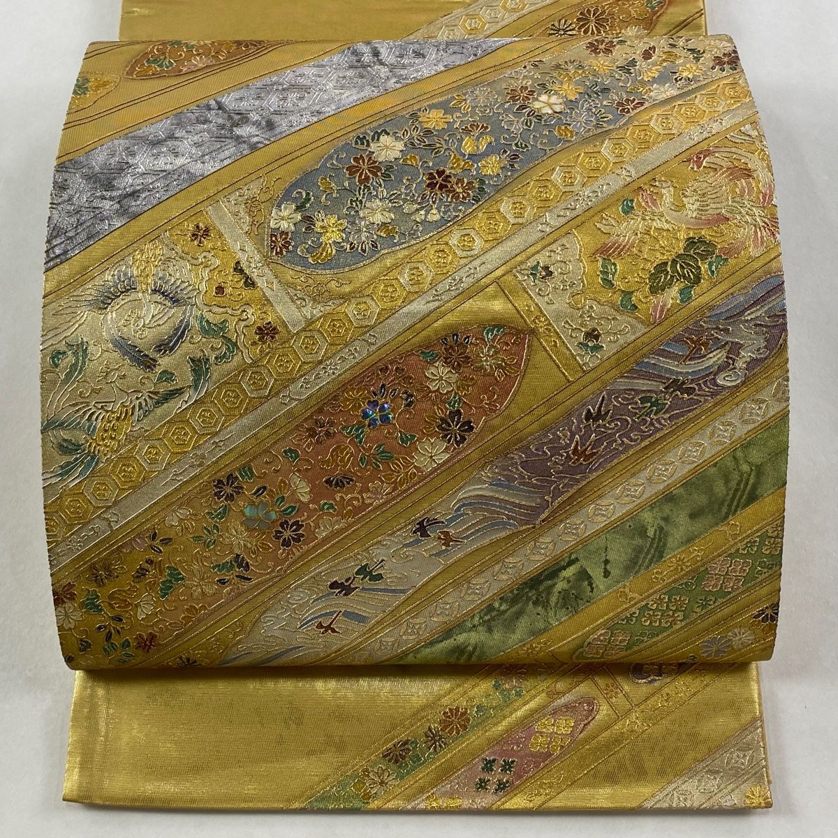 袋帯 秀品 草花 鳳凰 螺鈿 金銀彩 金色 お太鼓柄 正絹