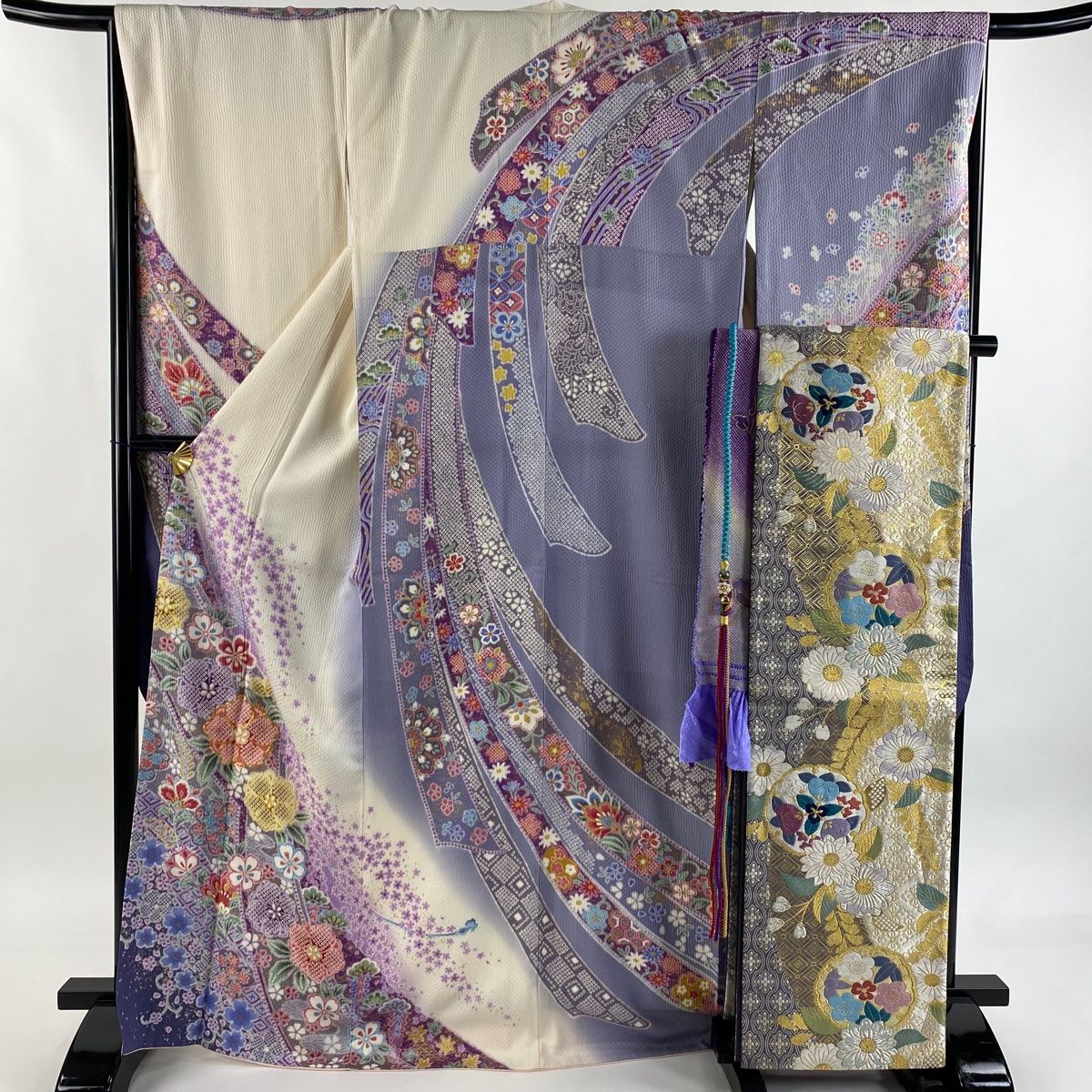 振袖 身丈168 cm 裄丈67 5 L 袷 袋帯フルセット 桜 草花 金糸 金彩 クリーム 正絹