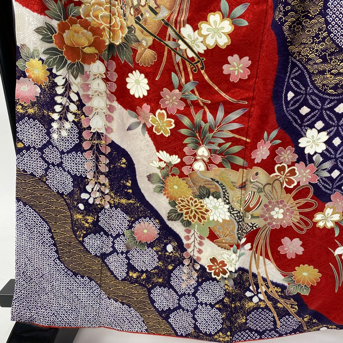 振袖 身丈162 cm 裄丈69 L 袷 袋帯フルセット 御所車 檜扇 金彩 絞り 赤 正絹 秀品
