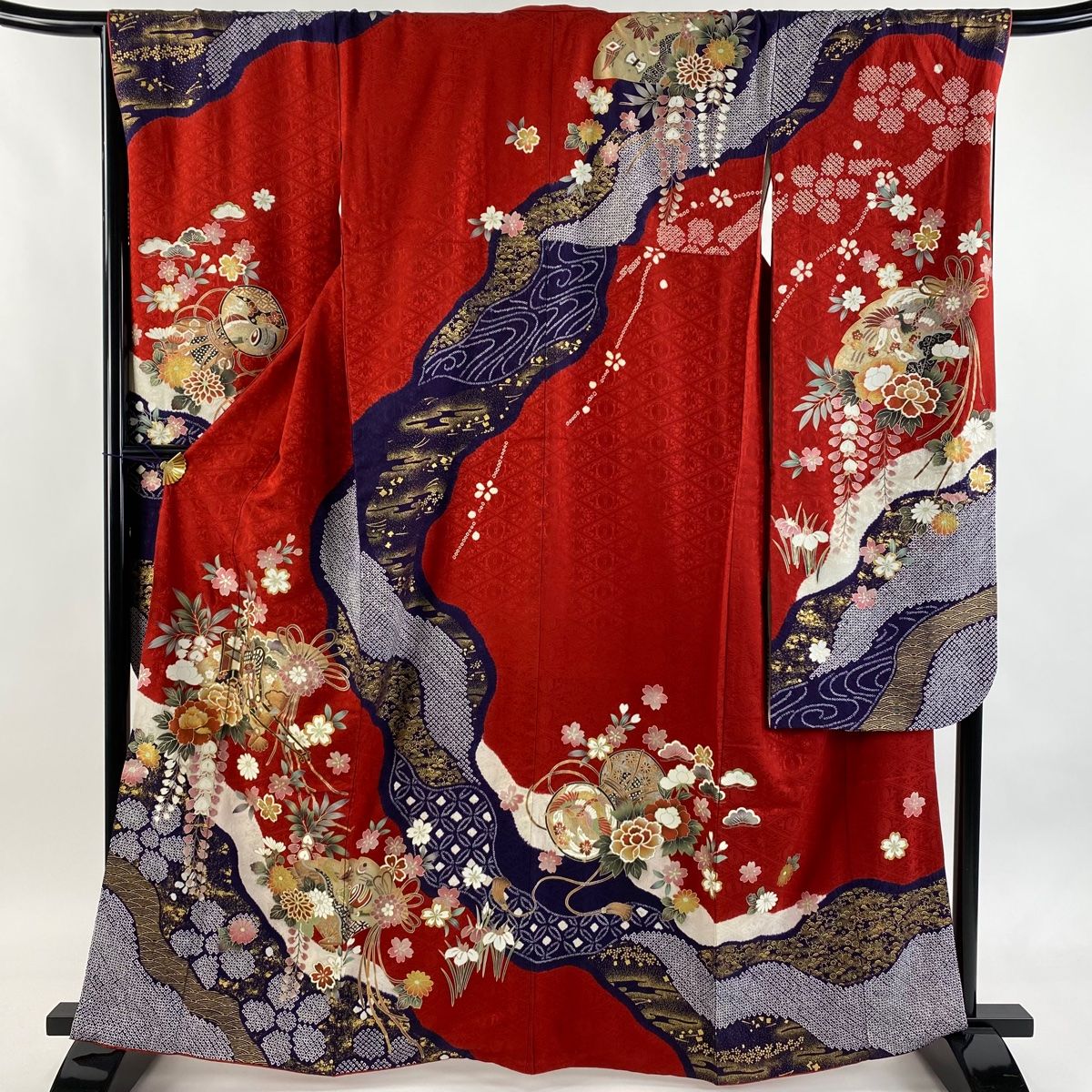 振袖 身丈162cm 裄丈69cm L 袷 袋帯フルセット 御所車 檜扇 金彩 絞り
