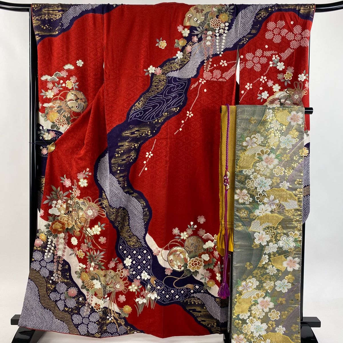 振袖 身丈162 cm 裄丈69 L 袷 袋帯フルセット 御所車 檜扇 金彩 絞り 赤 正絹 秀品