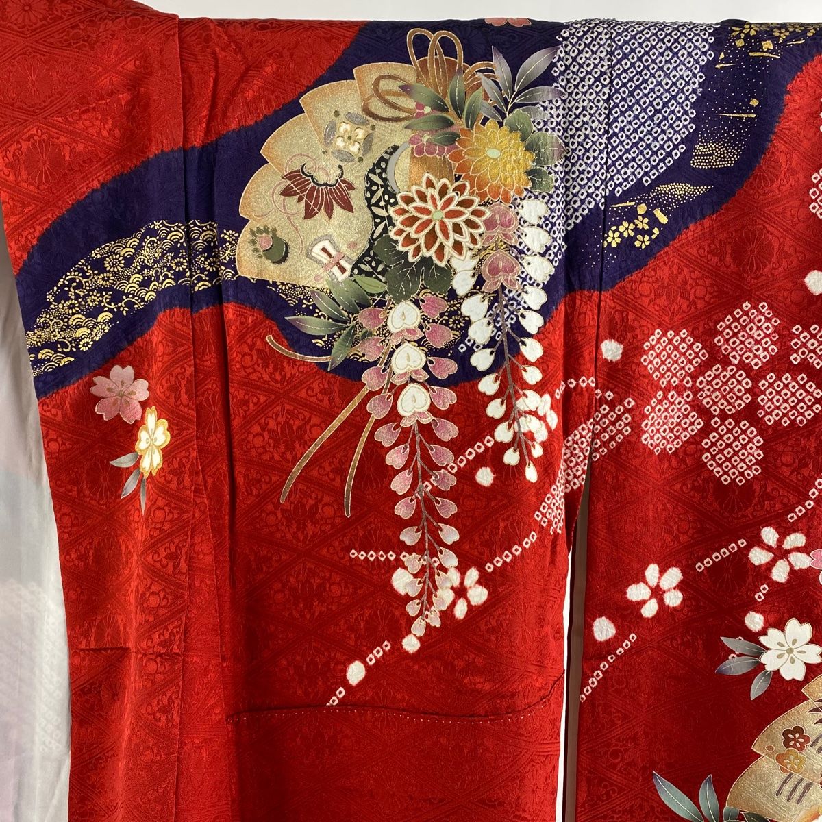 振袖 身丈162cm 裄丈69cm L 袷 袋帯フルセット 御所車 檜扇 金彩 絞り