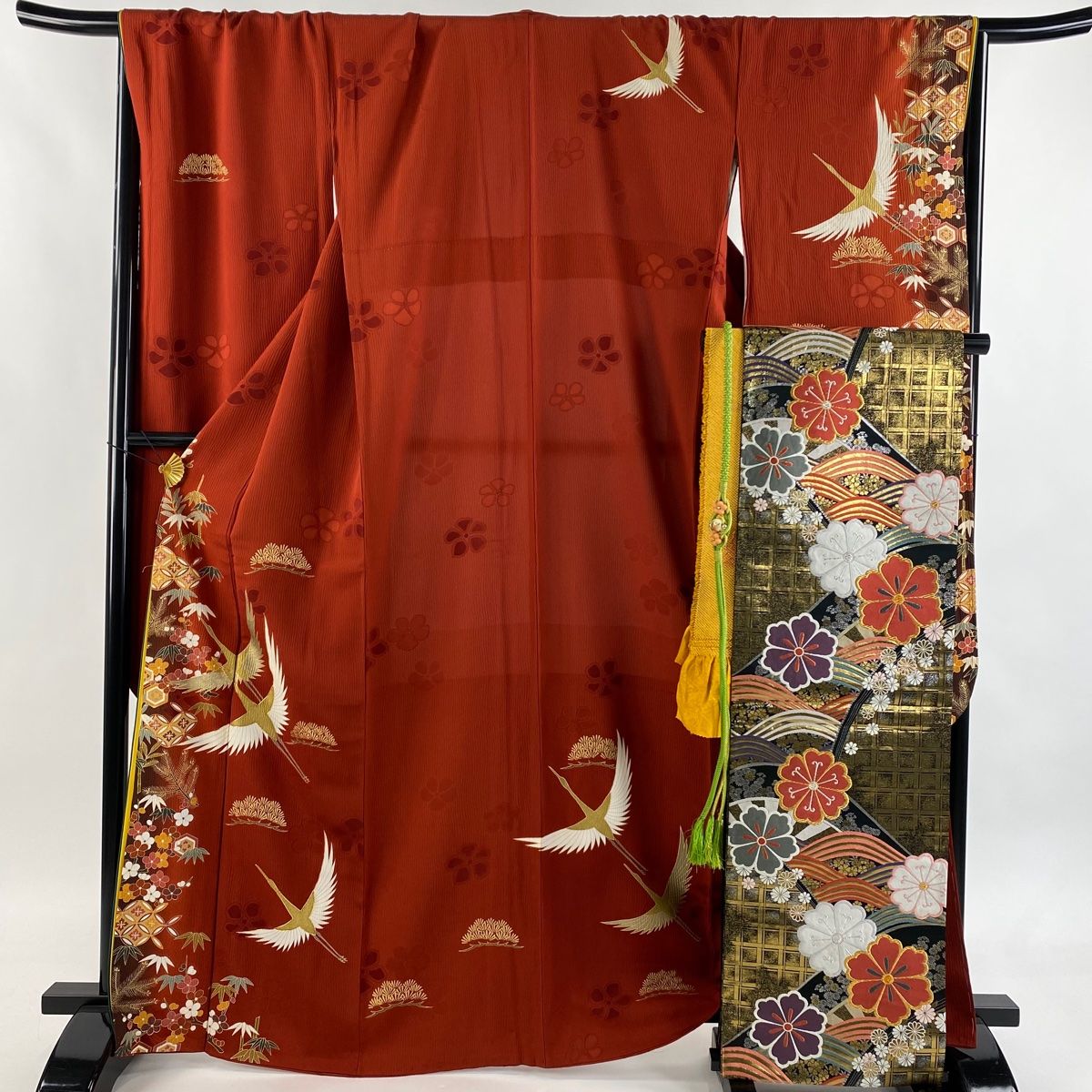 振袖 身丈167 cm 裄丈70 L 袷 袋帯フルセット 鶴 松竹梅 金糸 金彩 赤茶 正絹 秀品