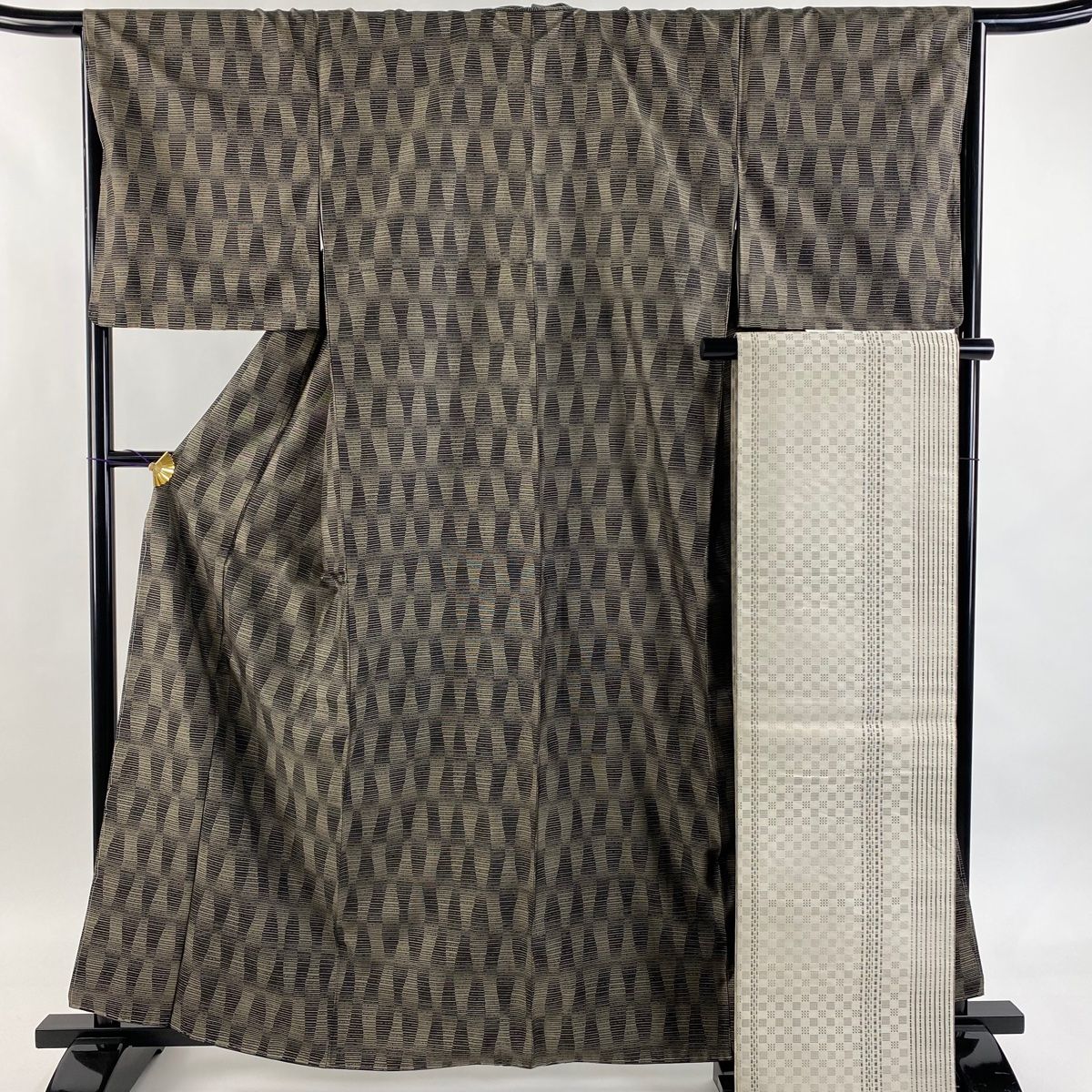 小紋 身丈161 5 cm 裄丈67 M 袷 大島紬地 袋帯セット 証紙 立涌 縞模様 灰茶 正絹