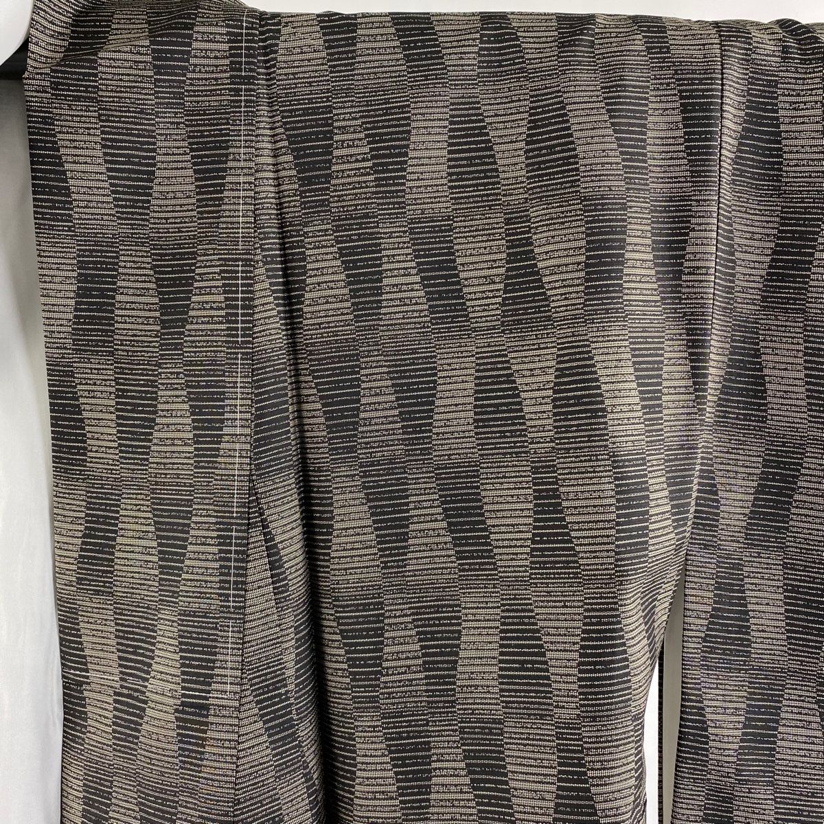  小紋 身丈161 5 cm 裄丈67 M 袷 大島紬地 袋帯セット 証紙 立涌 縞模様 灰茶 正絹 小紋 着物