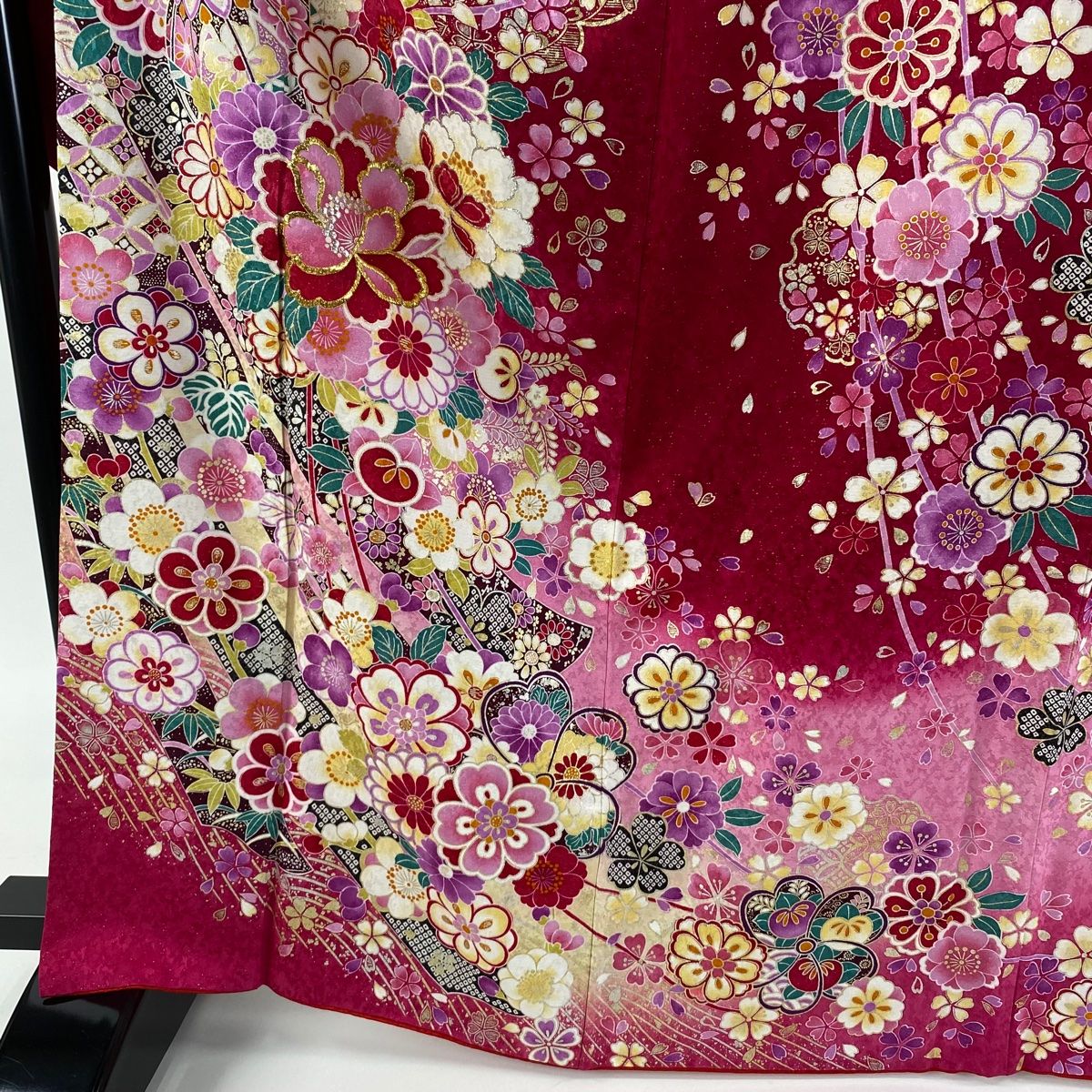 振袖 身丈166 5 cm 裄丈67 M 袷 袋帯フルセット 草花 熨斗 箔 銀通し 濃ピンク 正絹