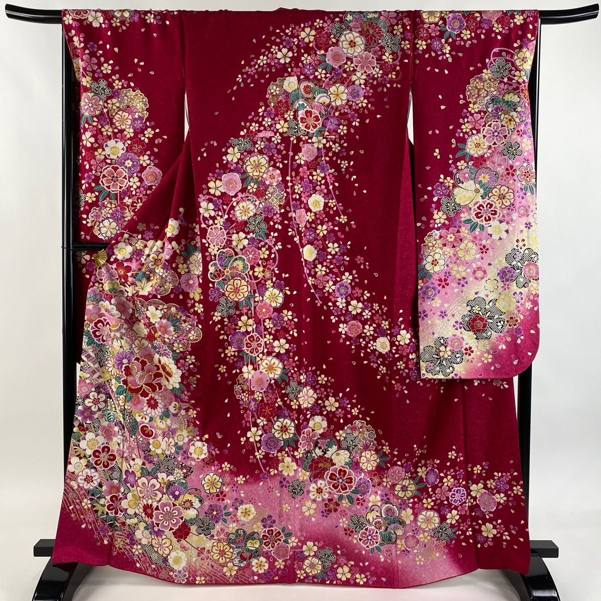  振袖 身丈166 5 cm 裄丈67 M 袷 袋帯フルセット 草花 熨斗 箔 銀通し 濃ピンク 正絹 振袖 着物