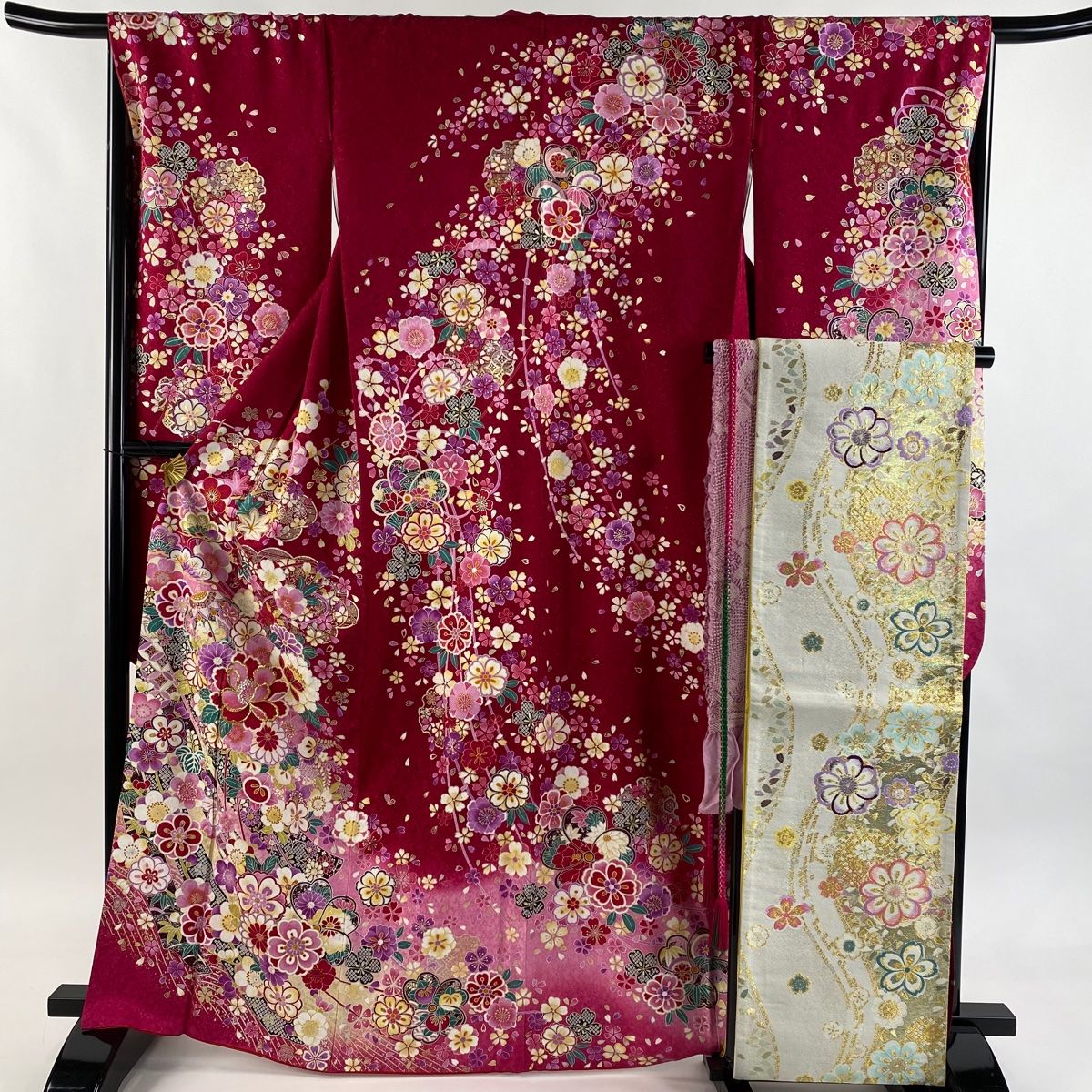 振袖 身丈166.5 cm 裄丈67 M 袷 袋帯フルセット 草花 熨斗 箔 銀通し 濃ピンク 正絹