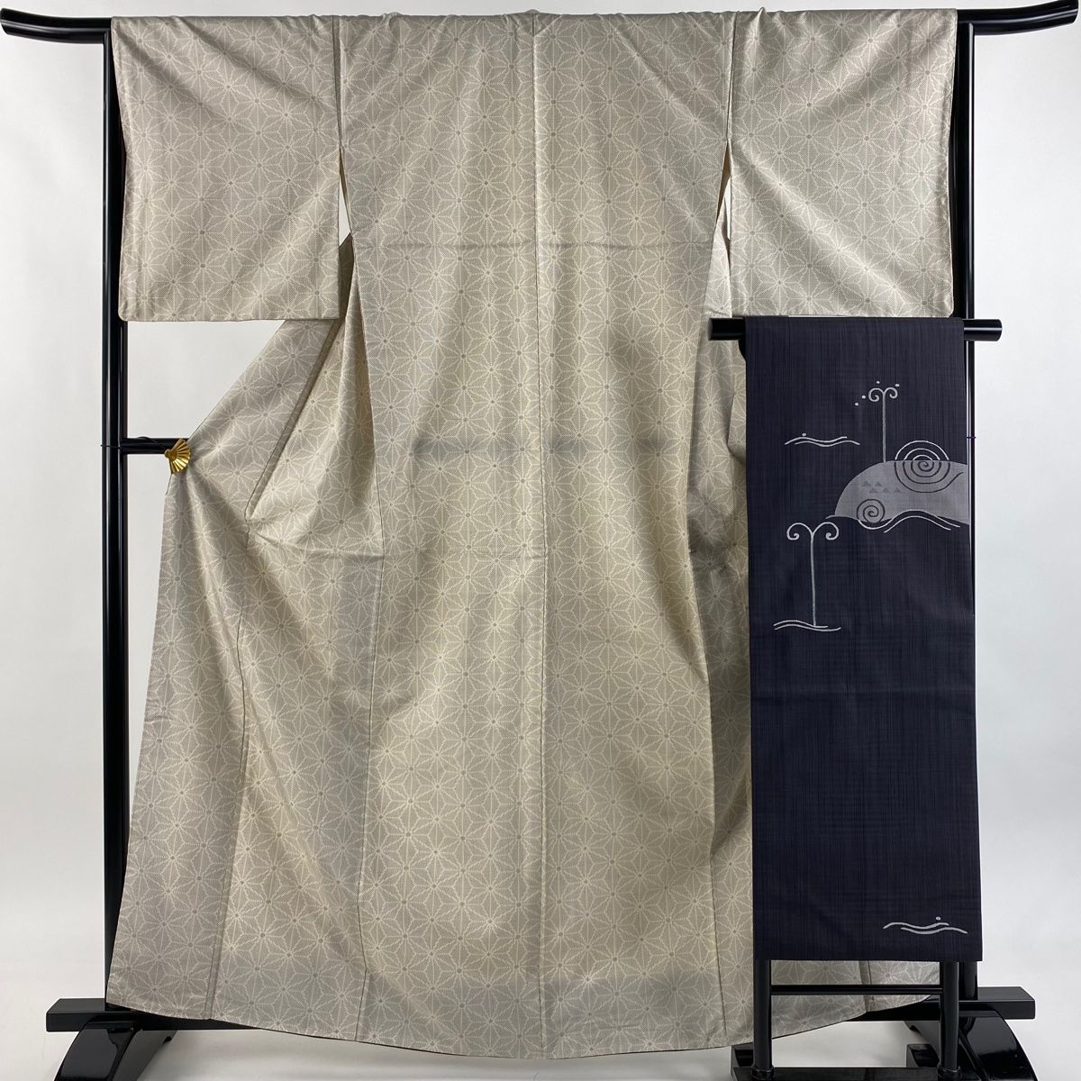 紬 身丈164 cm 裄丈65.5 M 袷 名古屋帯セット 麻の葉 ベージュ 正絹 秀品