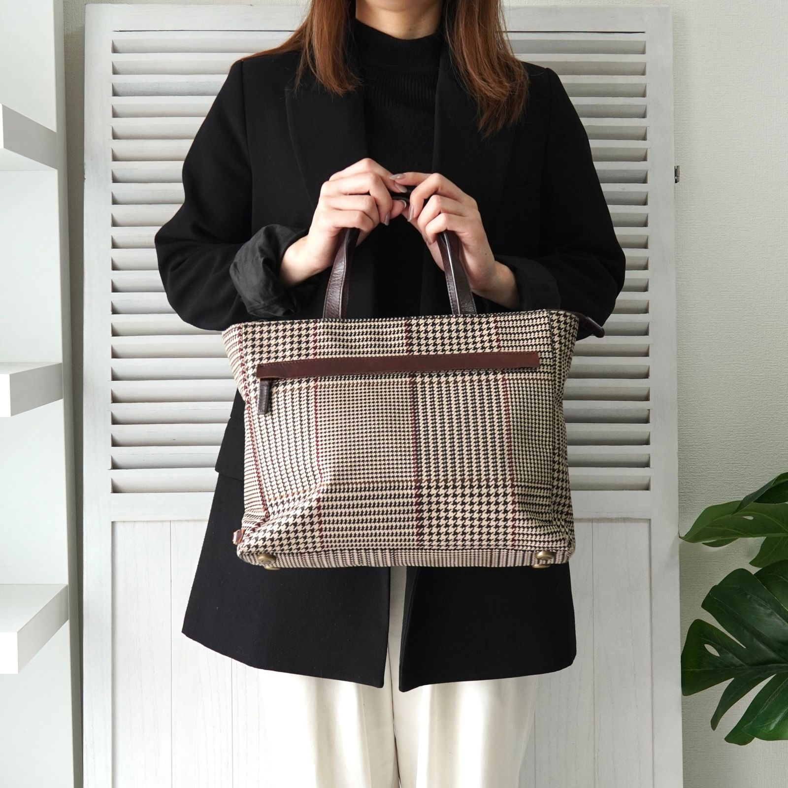 ラルフローレン 千鳥格子柄 ナイロンキャンバス ハンドバッグ ベージュ