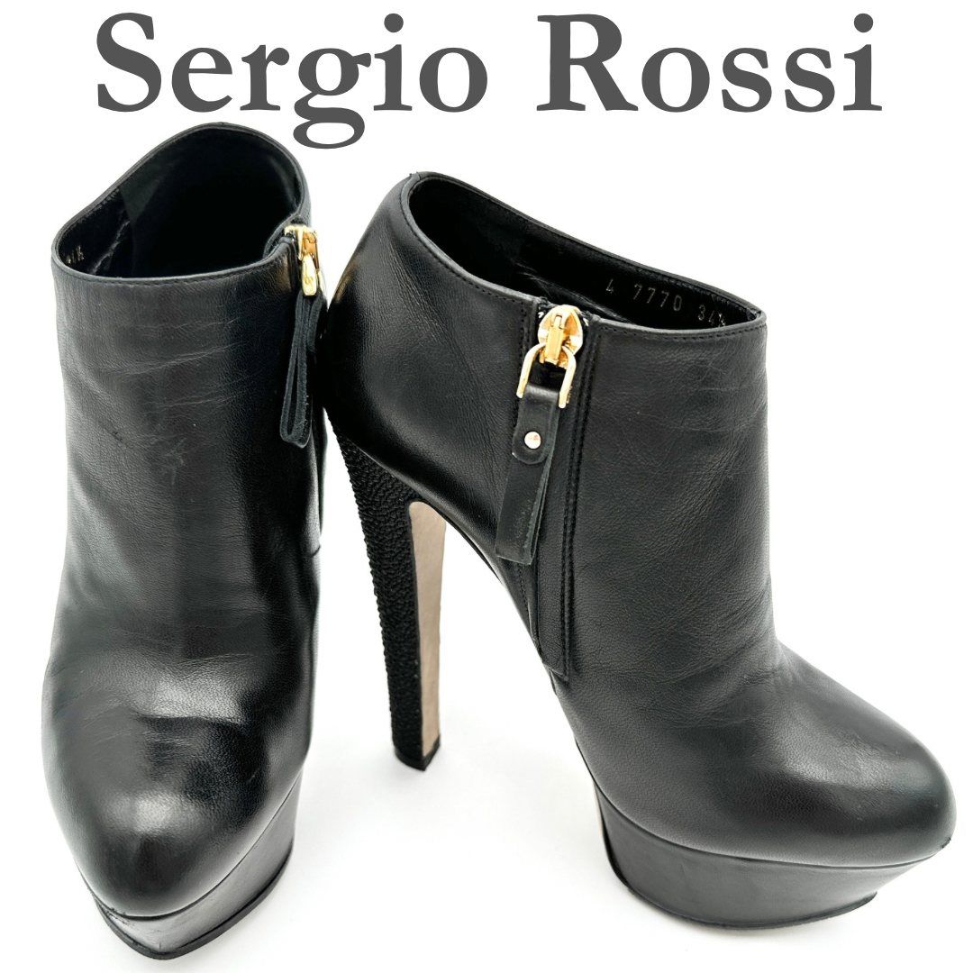 Sergio Rossi ブーティ 本革 サイドジップ エイ革ヒール ブラック