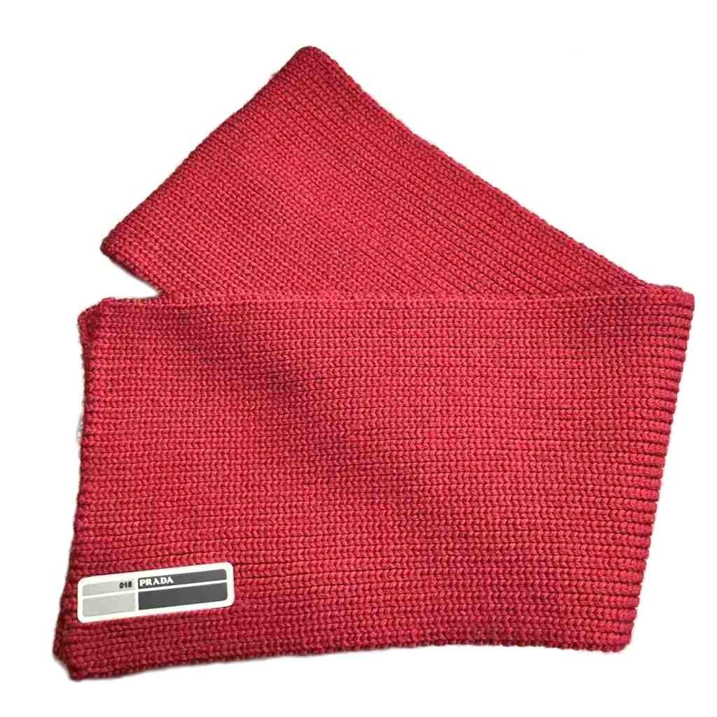 プラダ PRADA Red Knit Wool Scarf ニットウールマフラー ロゴ 赤 レッド AA メンズ