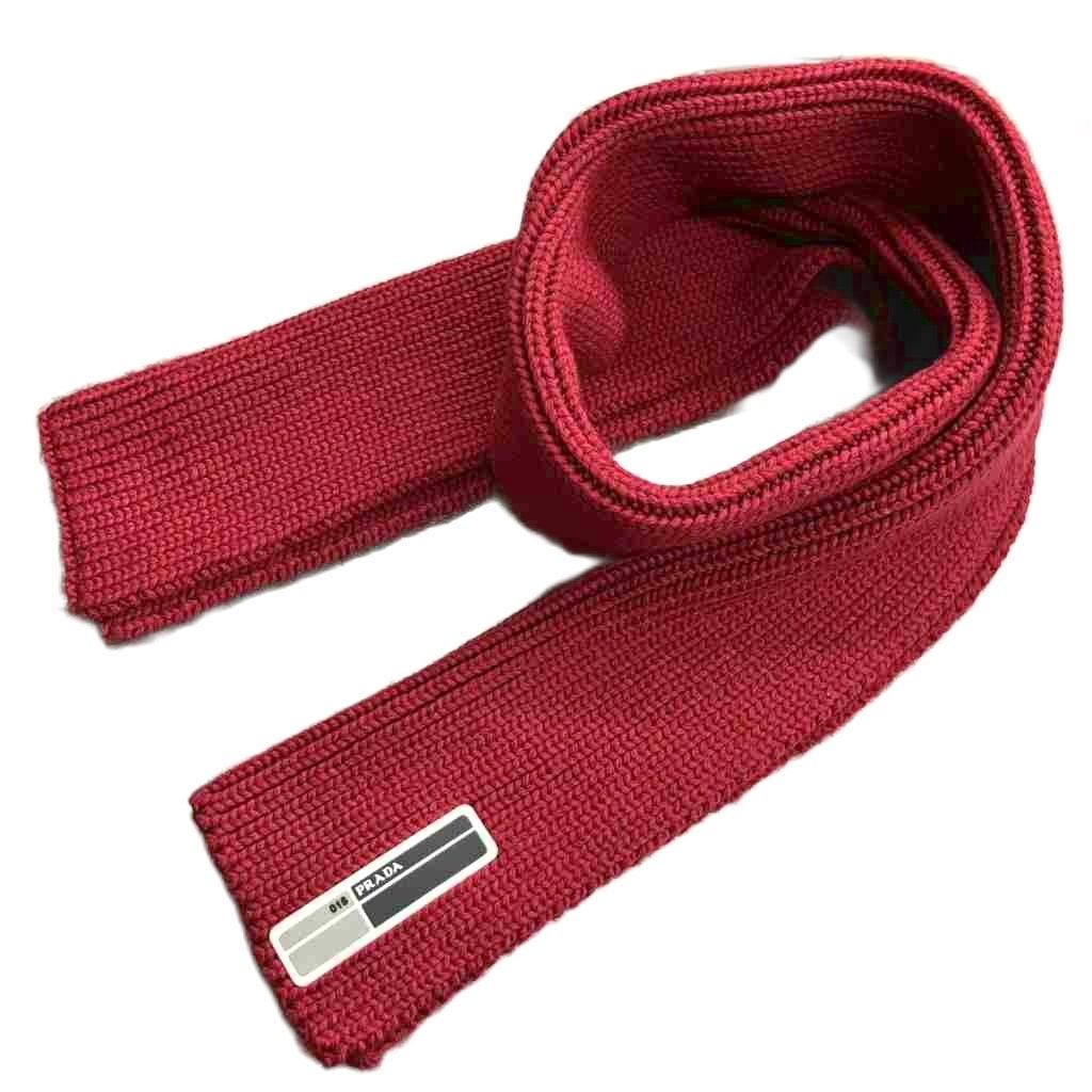 プラダ PRADA Red Knit Wool Scarf ニットウールマフラー ロゴ 赤 レッド AA メンズ
