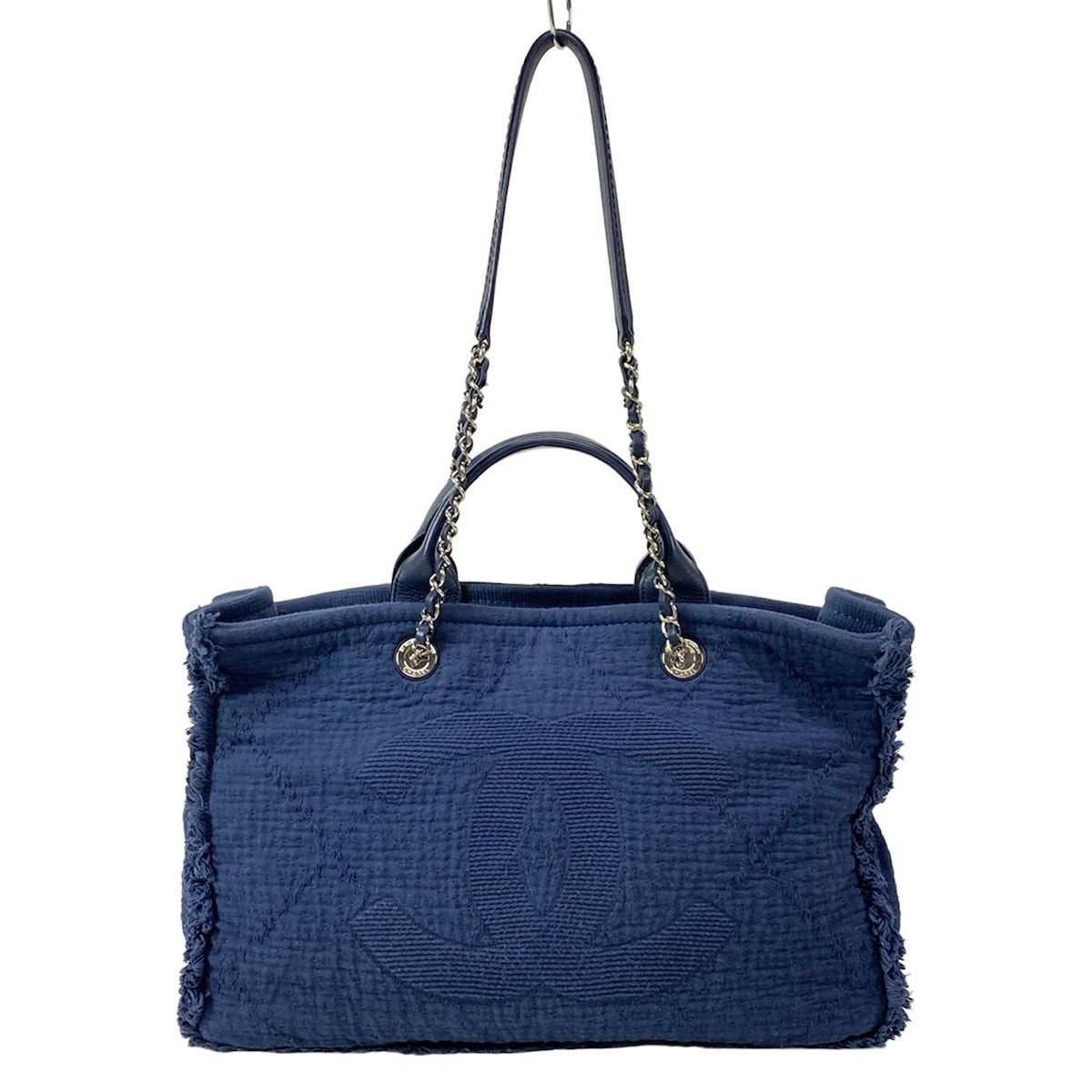 CHANEL シャネル トートバッグ - ネイビー ココマーク チェーンショルダー 2WAY コットン レザー