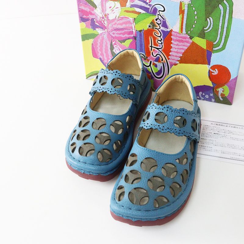 美品　ESTACION エスタシオン　ストラップ　シューズ 美品 エスタシオン Estacion パンチングモチーフ本革ストラップ