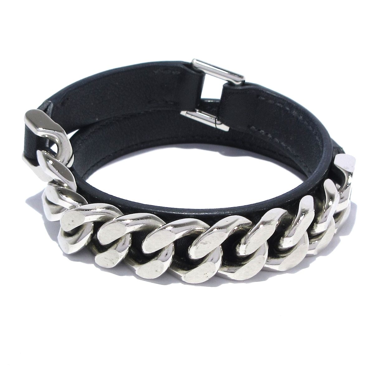 HERMES エルメス ブレスレット カムデン レザー 黒×シルバー 2連