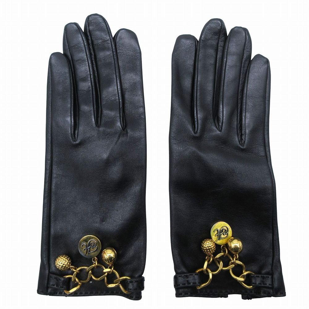 HERMES エルメス ラムレザー チャーム チェーン付き レザーグローブ 手袋 ブラック サイズ7.5 レディース TNT